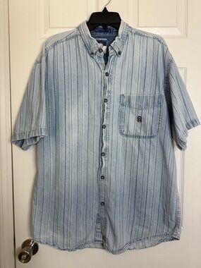 Vintage Coliseum Authentic Jeans Shirt Mens White Blue Striped Button Up Sz L